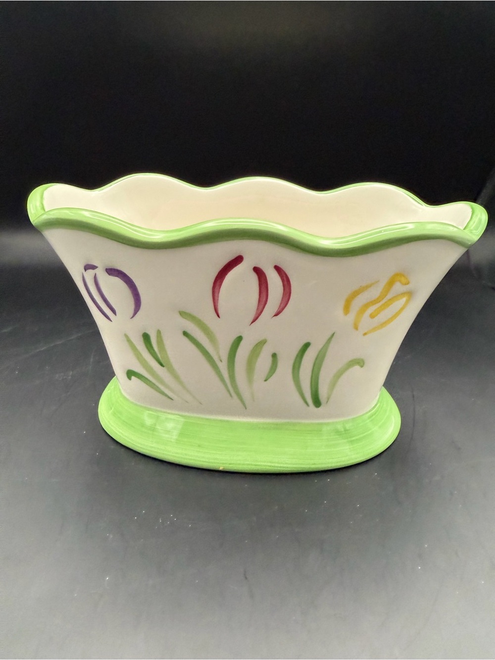 FTD Hand-Painted Ceramic Planter with Green Rim and Floral Motif